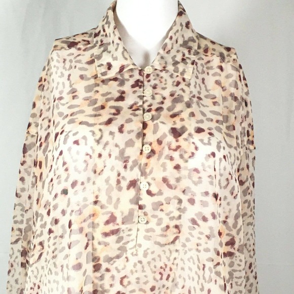 Asos Design Shirt Womens Sz L Beige Leopard Print Chiffon Sheer Tunic Top - Picture 2 of 9